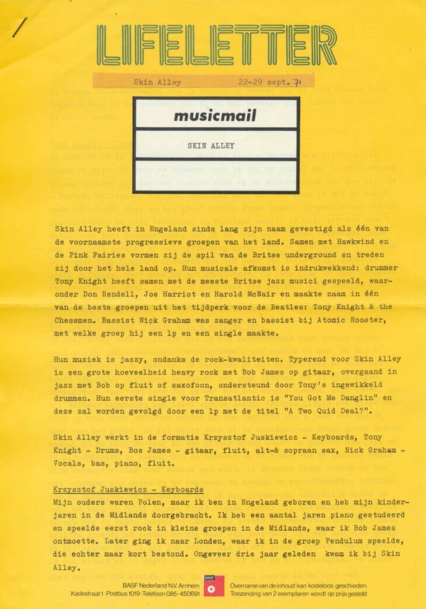 Skin Alley - Musicmail - 1971 [Holland] - Press Release