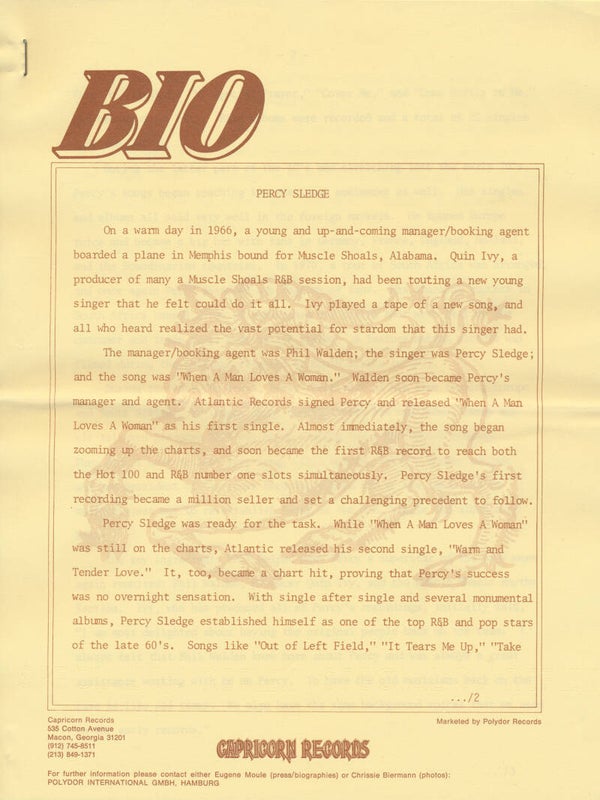 Percy Sledge - May 1976 [Germany] - Press Release