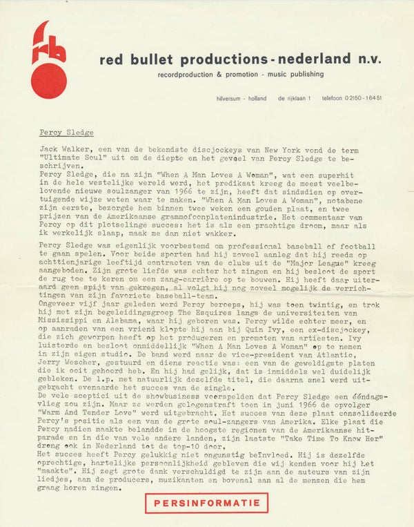 Percy Sledge - Persinformatie - 1966 [Holland] - Press Release