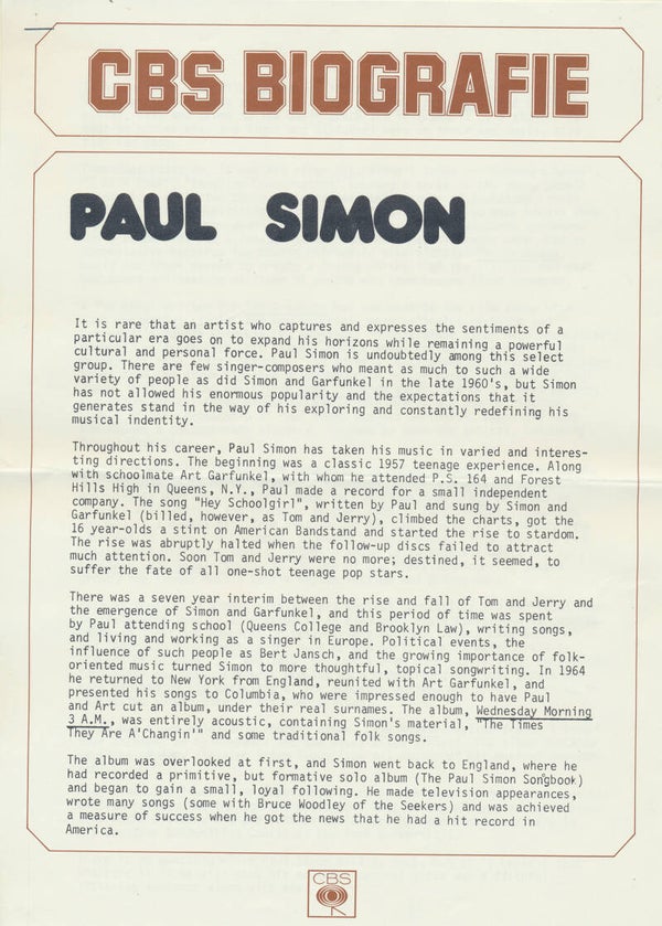 Paul Simon - CBS Biografie - 1975 [Holland] - Press Release