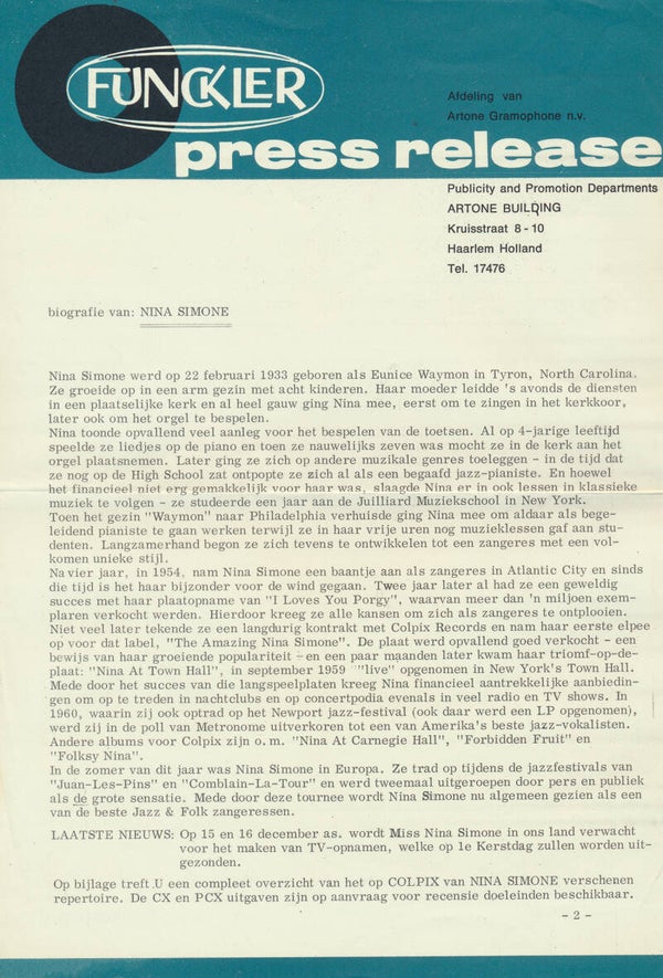 Nina Simone - Biografie - December 6, 1965 [Holland] - Press Release