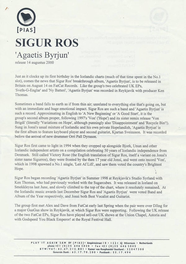 Sigur Rós - Agaetis Byrjun - 2000 [Holland] - Press Release