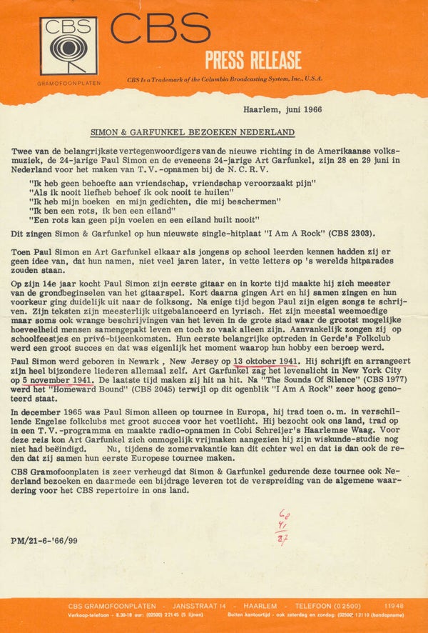 Simon & Garfunkel - Bezoeken Nederland - June 21, 1966 [Holland] - Press Release