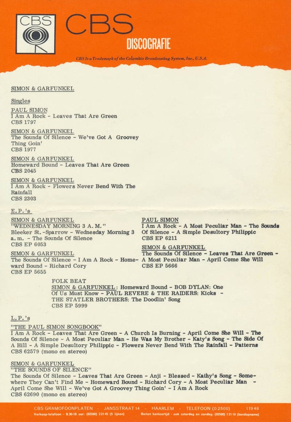 Simon & Garfunkel - CBS Discografie - 1966 [Holland] - Press Release