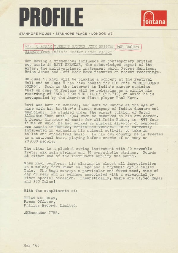 Ravi Shankar - Profile - May 1966 [UK] - Press Release