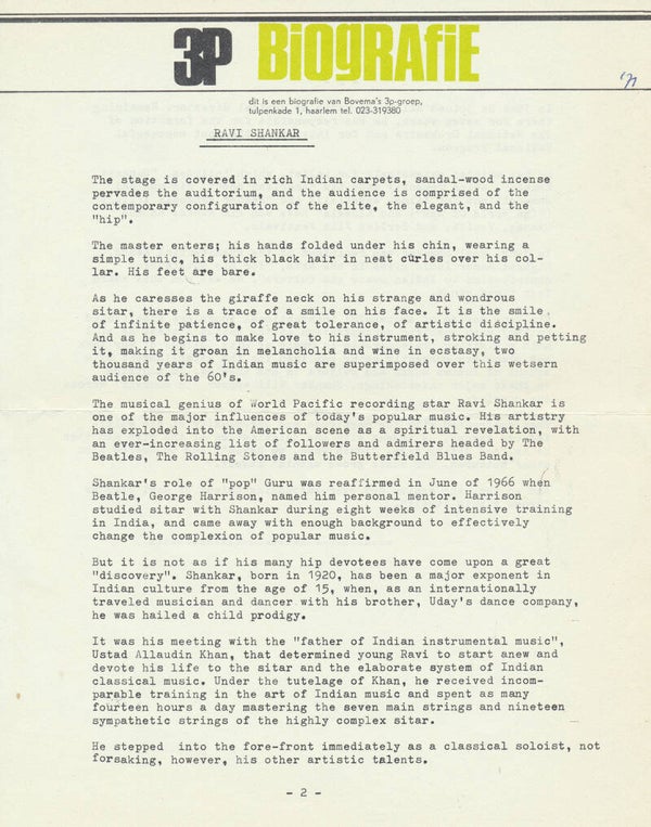 Ravi Shankar - The Beatles - 3P Biografie - 1971 [Holland] - Press Release