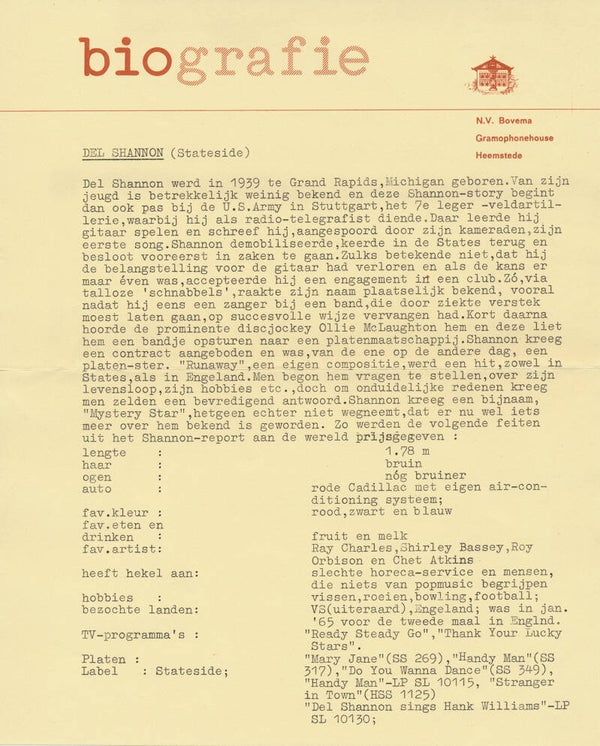 Del Shannon - Biografie - 1960s [Holland] - Press Release