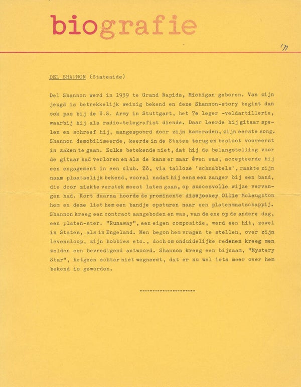 Del Shannon - Biografie - 1960s [Holland] - Press Release