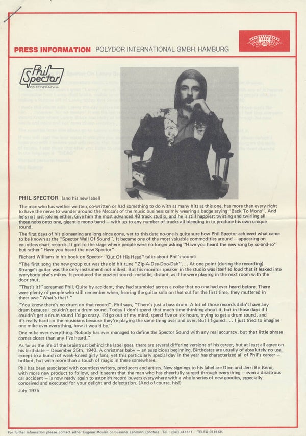 Phil Spector - Press Information - July 1975 [Germany] - Press Release