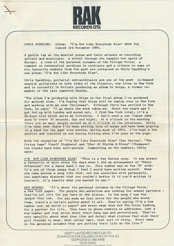 Chris Spedding - Not Like Everybody Else - 1980 [UK] - Press Release