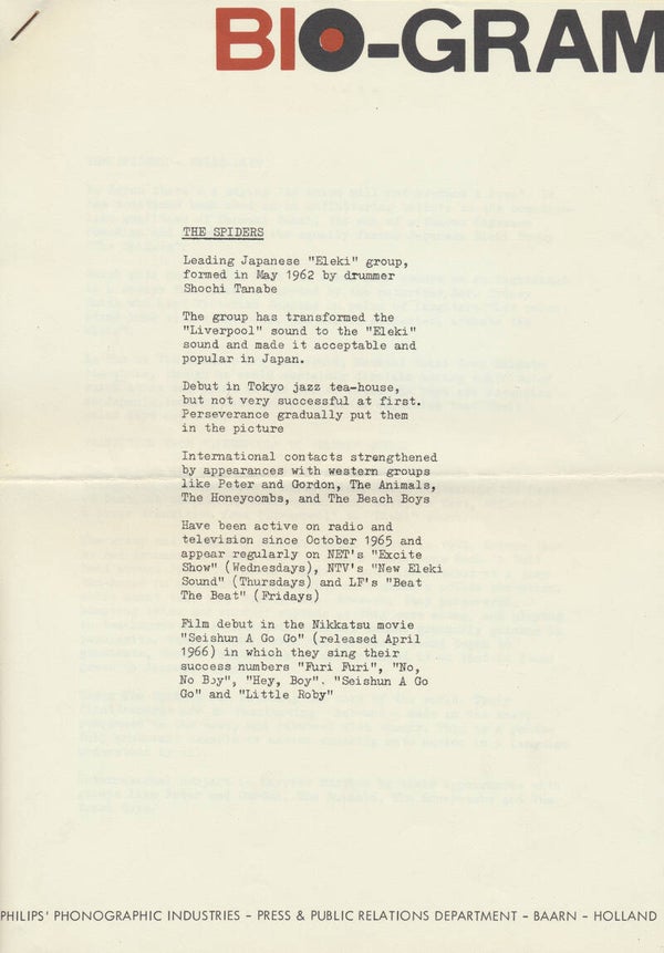 The Spiders (Japan) - Bio-Gram - October 1966 [Holland] - Press Release