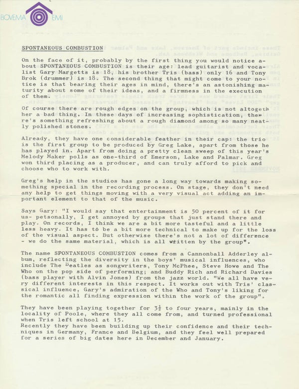 Spontaneous Combustion - November 1971 [Holland] - Press Release