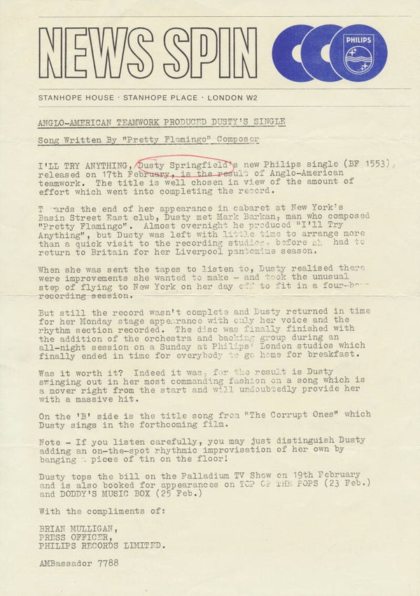 Dusty Springfield - I'll Try Anything - 1967 [UK] - Press Release