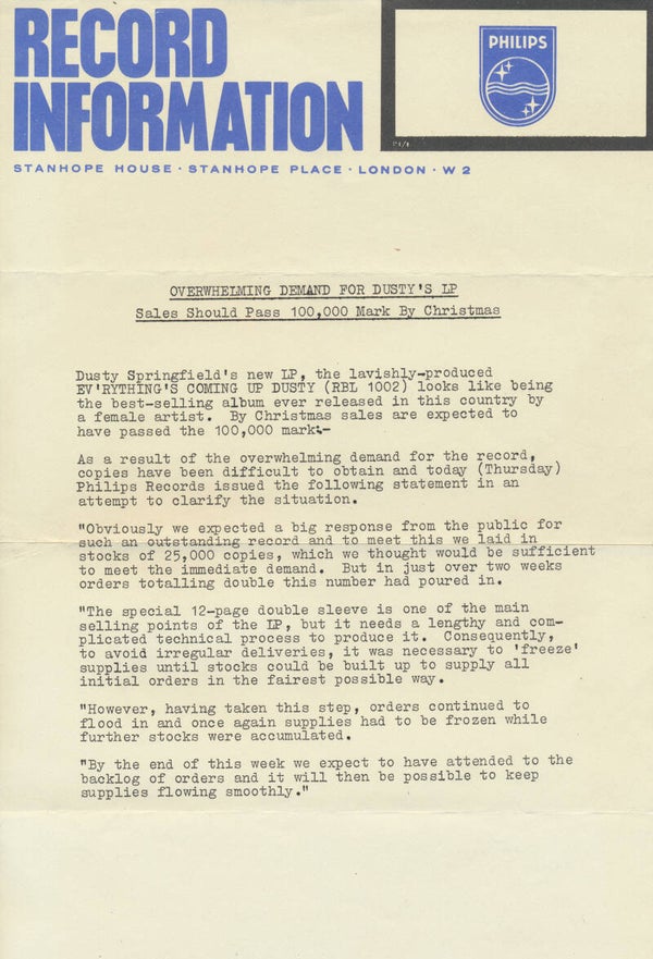 Dusty Springfield - Ev'rything's Coming Up - November 1965 [UK] - Press Release