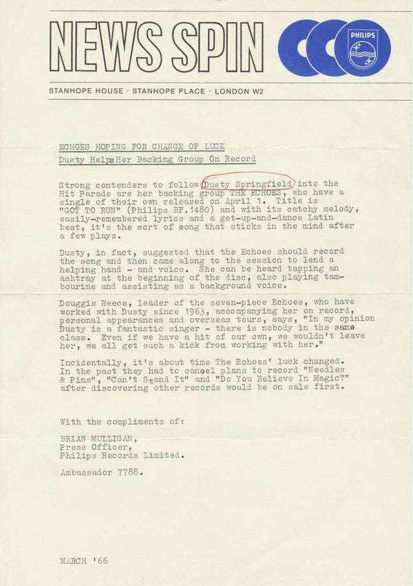 Dusty Springfield - Got To Run - March 1966 [UK] - Press Release