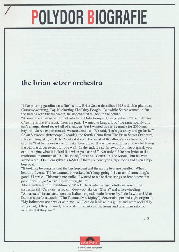 The Brian Setzer Orchestra - 2000 [Holland] - Press Release