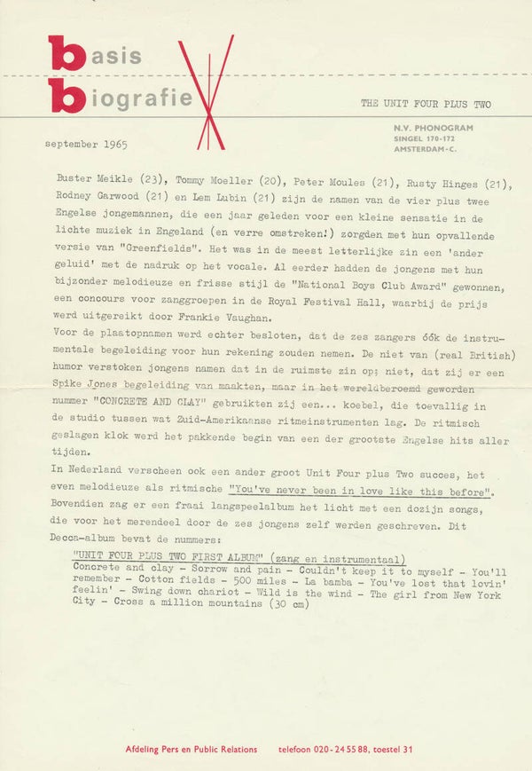 Unit Four Plus Two - Basis Biografie - September 1965 [Holland] - Press Release