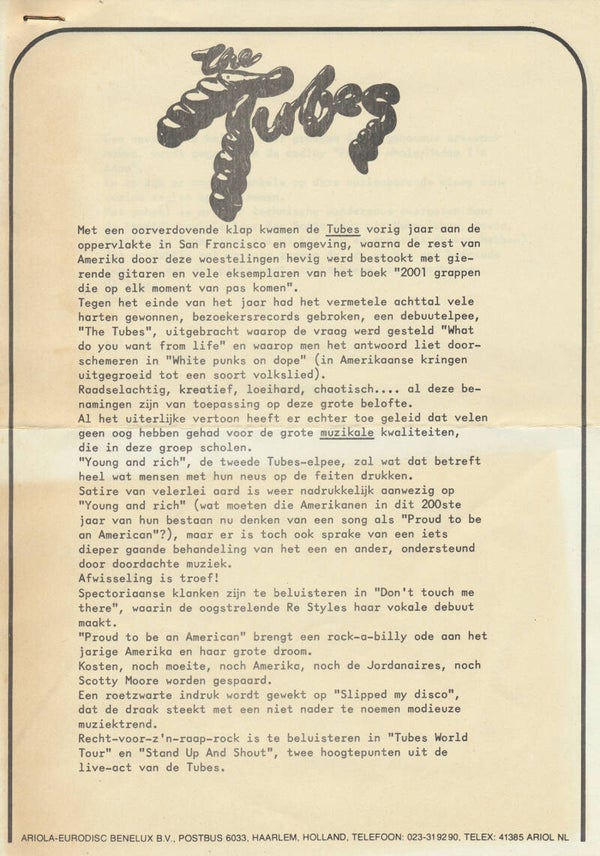 The Tubes - May 1976 [Holland] - Press Release