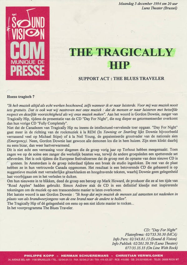 The Tragically Hip - Luna Theater - Brusselss - 1994 [Belgium] - Press Release