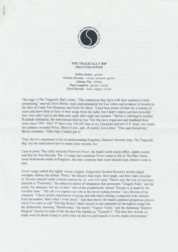 The Tragically Hip - Phantom Power [Holland] - Press Release