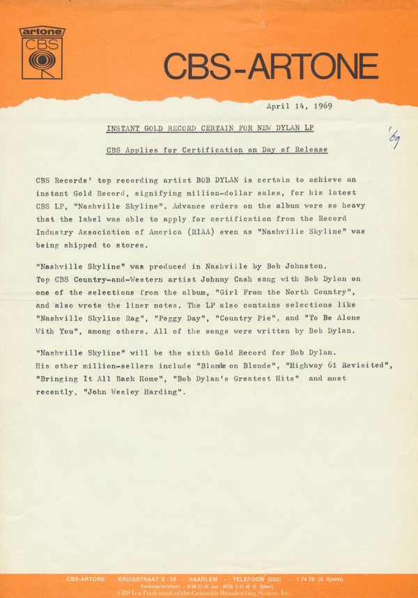 Bob Dylan - Nashville Skyline - April 14, 1969 [Holland] - Press Release