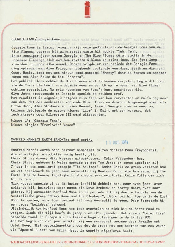 Manfred Mann / Georgie Fame - October 15, 1974 [Holland] - Press Release