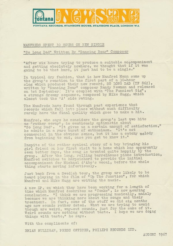 Manfred Mann - So Long Dad - August 1967 [UK] - Press Release