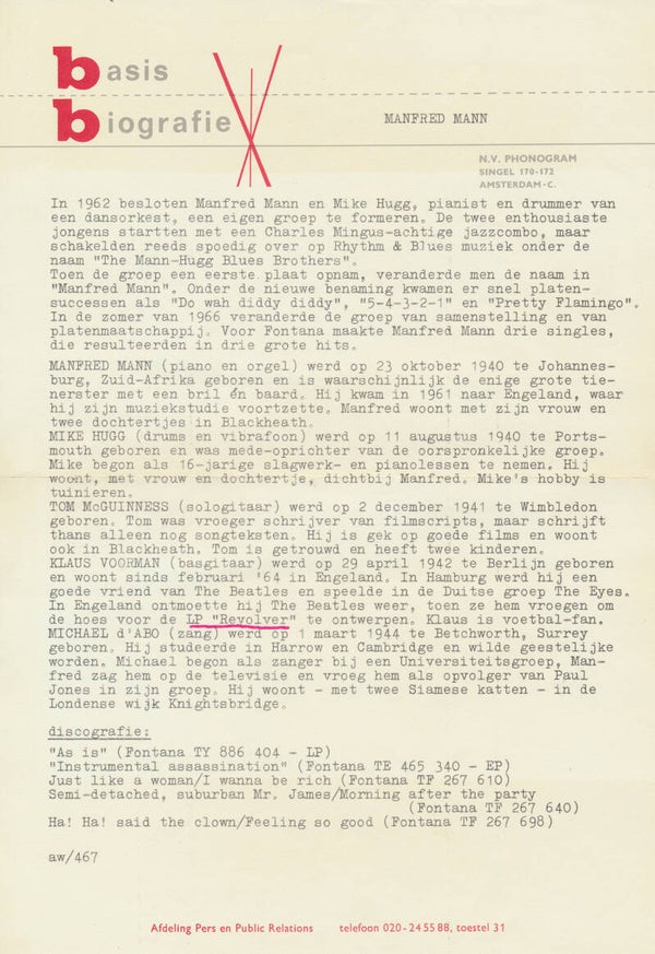 Manfred Mann - Basis Biografie - April 1967 [Holland] - Press Release