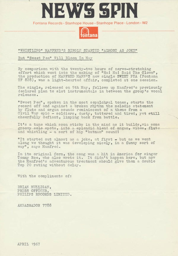 Manfred Mann - Sweet Pea - April 1967 [UK] - Press Release