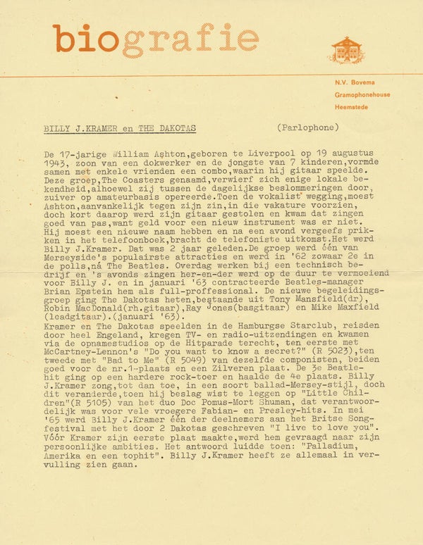 Billy J. Kramer en The Dakotas - 1965 [Holland] - Press Release