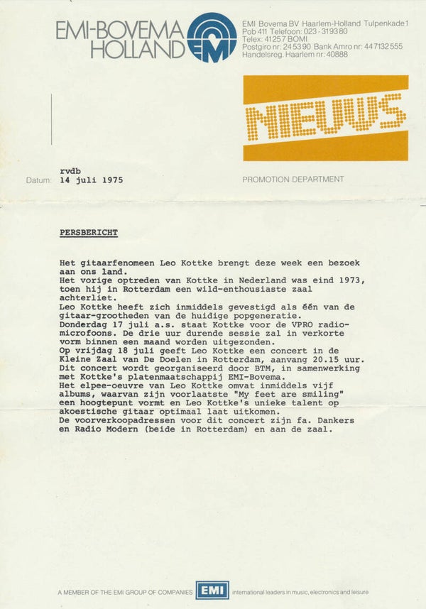 Leo Kottke - Persbericht - July 14, 1975 [Holland] - Press Release
