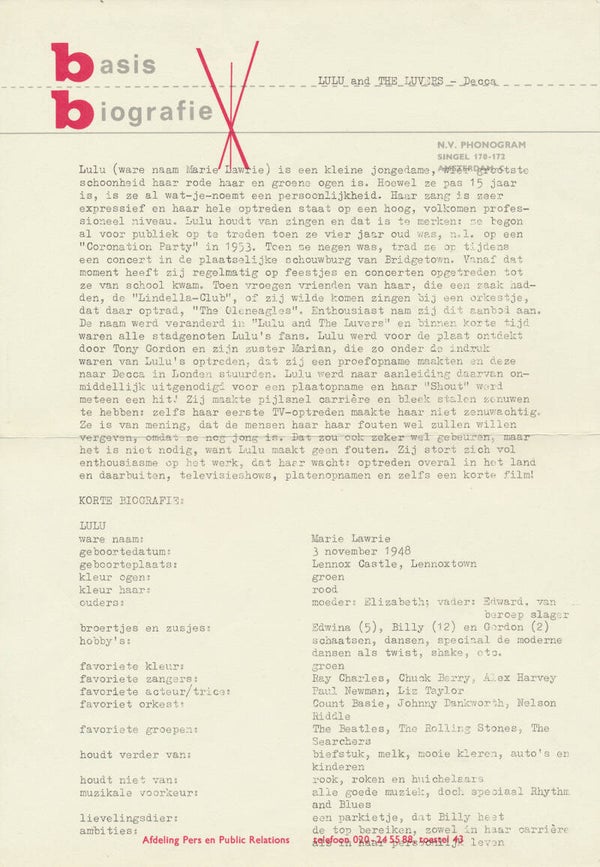 Lulu and the Luvers - Basis Biografie - 1960s [Holland] - Press Release
