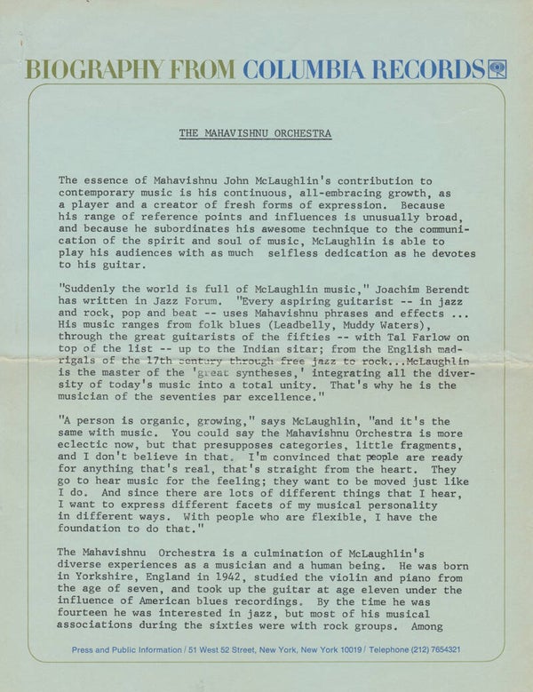 Mahavishnu Orchestra - May 1974 [USA] - Press Release