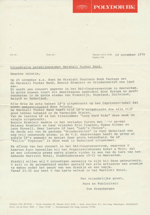 Marshall Tucker Band - November 19, 1976 [Holland] - Press Release