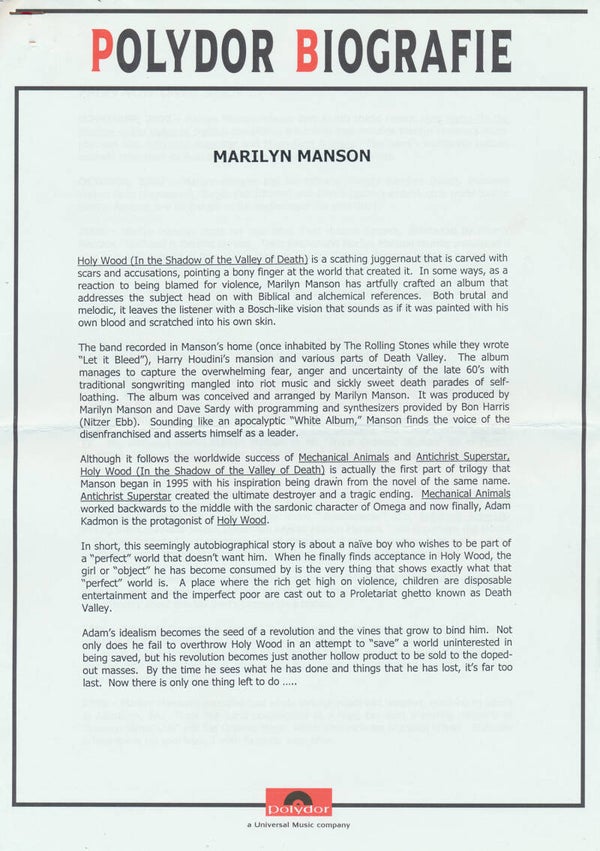 Marilyn Manson - Polydor Biografie - November 2000 [Holland] - Press Release