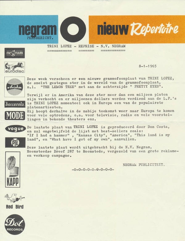 Trini Lopez - The Lemon Tree - January 8, 1965 [Holland] - Press Release