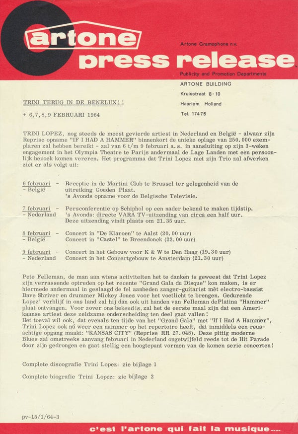 Trini Lopez - Trini Terug In De Benelux - 1964 [Holland] - Press Release