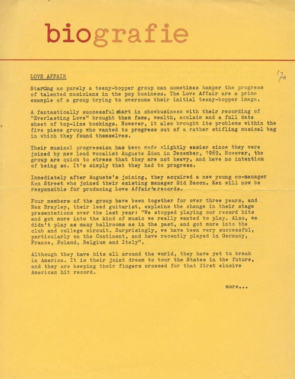 Love Affair - 1970 [Holland] - Press Release