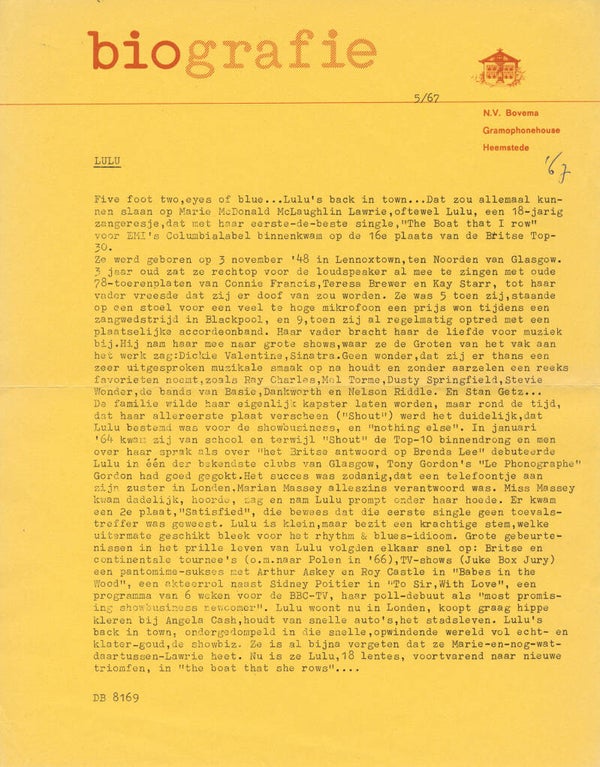 Lulu - May 1967 [Holland] - Press Release
