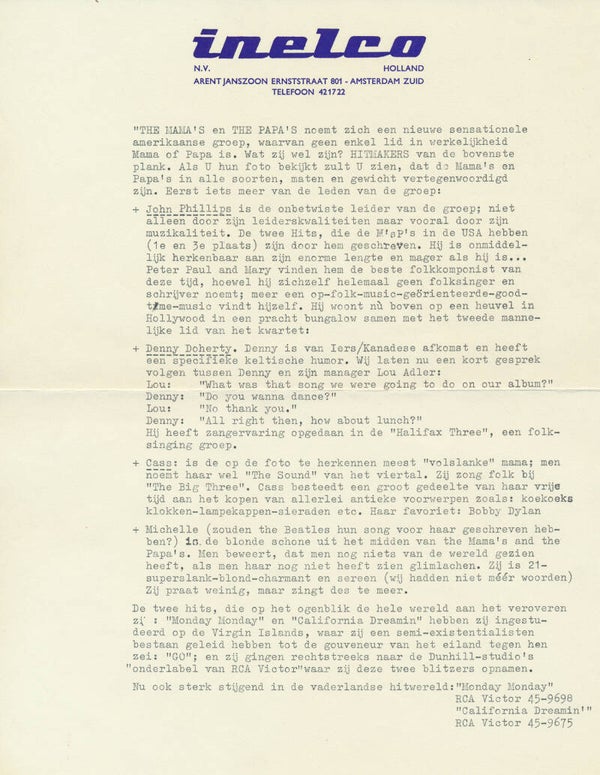 The Mamas And The Papas - 1966 [Holland] - Press Release