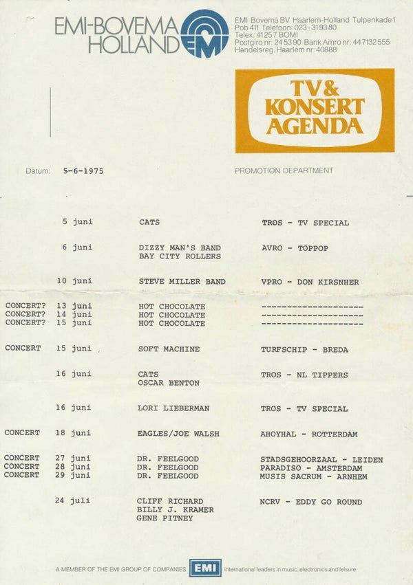 TV & Konsert Agenda - June 5, 1975 [Holland] - Press Release