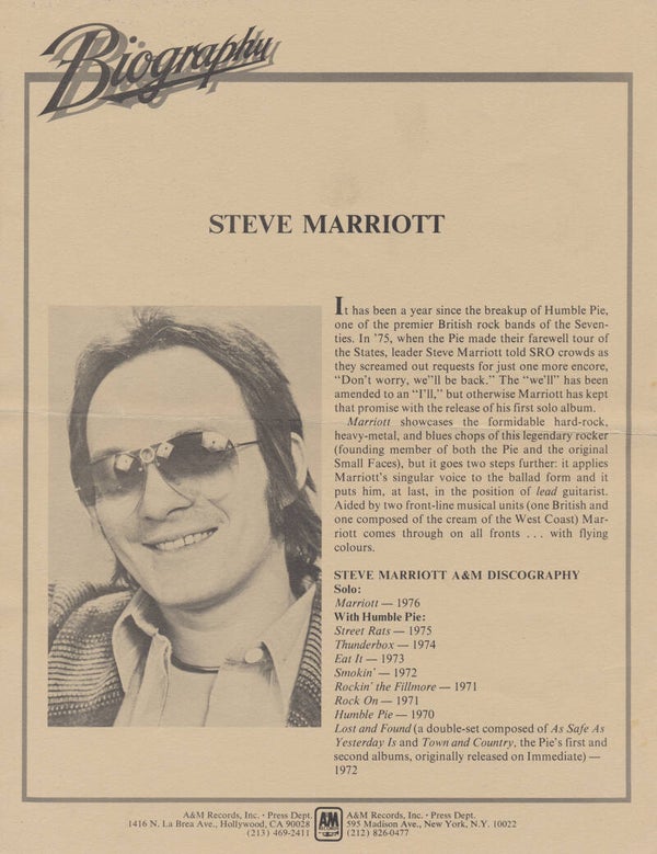 Steve Marriott - Humble Pie - Biography - 1976 [USA] - Press Release