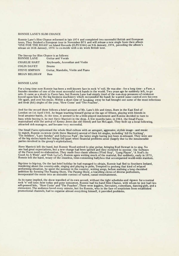 Ronnie Lane's Slim Chance - 1976 [UK] - Press Release