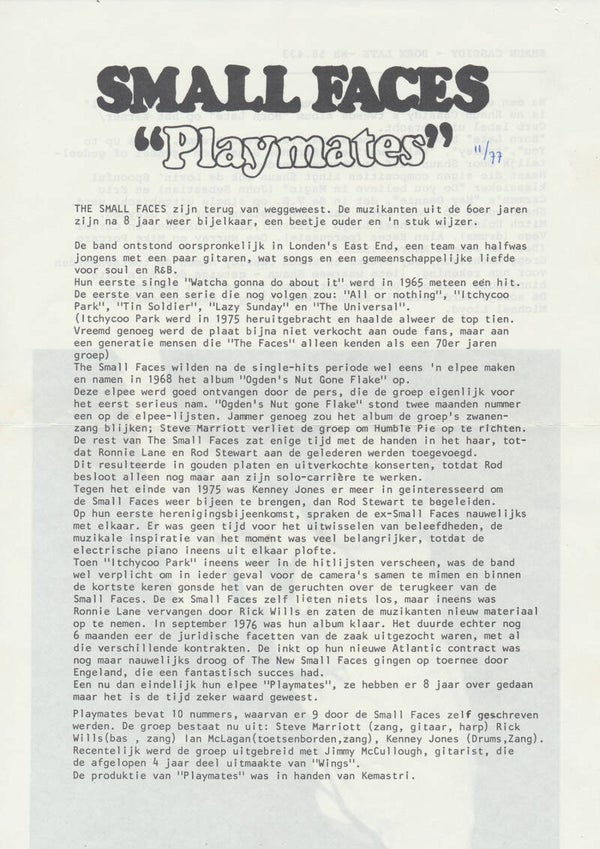 The Small Faces / Shaun Cassidy - November 1977 [Holland] - Press Release