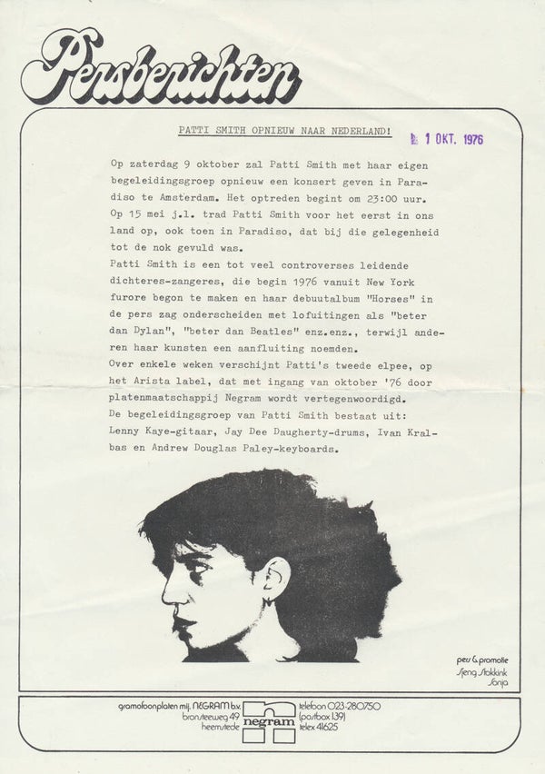 Patti Smith - Persberichten - October 1, 1977 [Holland] - Press Release