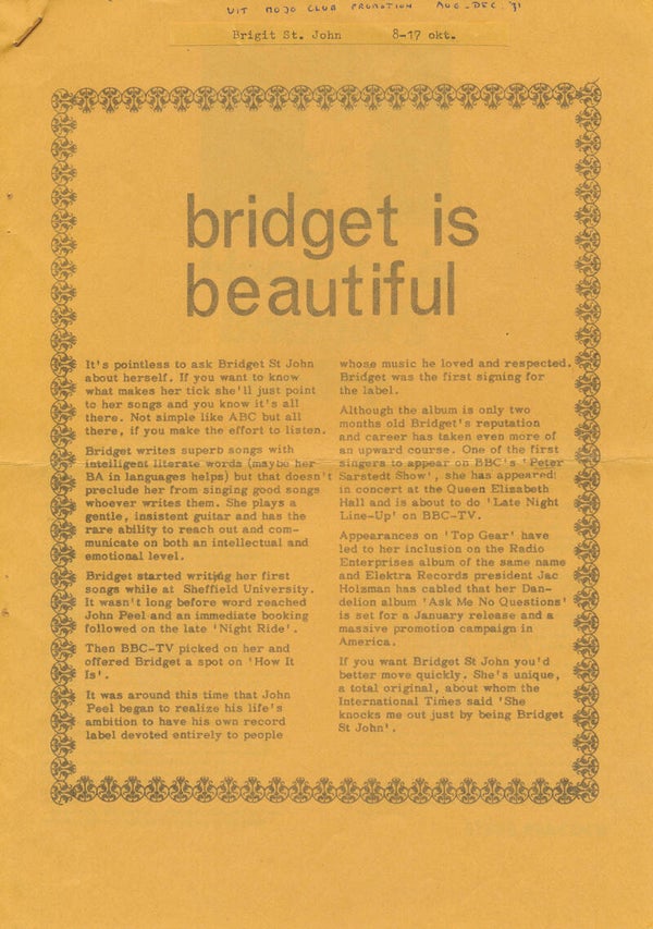 Bridget St. John - Bridget Is Beautiful - 1971 [UK] - Press Release