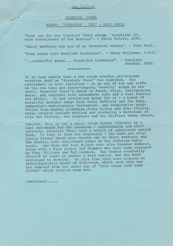 Stealers Wheel - 1972 [UK] - Press Release