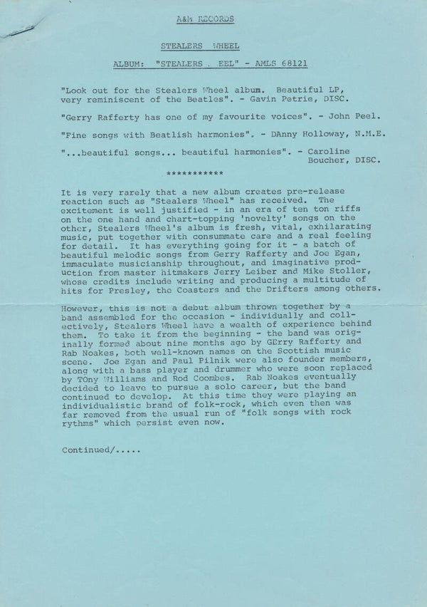 Stealers Wheel - 1972 [UK] - Press Release