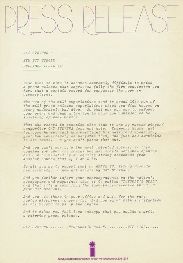 Cat Stevens - Tuesday's Dead - 1971 [UK] - Press Release