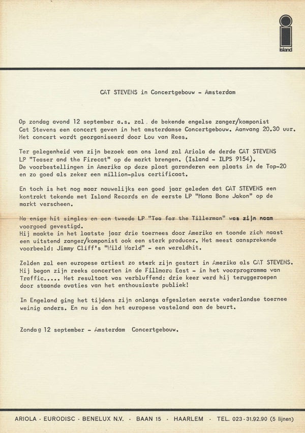 Cat Stevens - Concertgebouw Amsterdam - 1971 [Holland] - Press Release